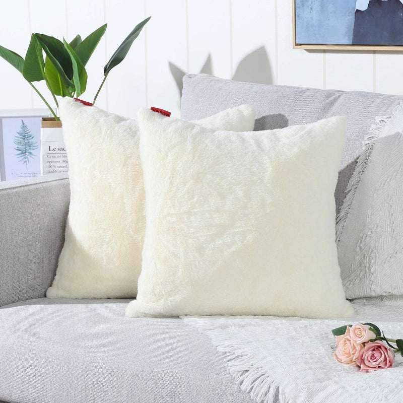 MANDIOO Pack of 2 Cream Yellow Faux Fur Fuzzy Cozy Soft Decorative Throw Pillow Covers Set Cushion Cases Pillowcases for Sofa Bedroom Car 20x20 Inches