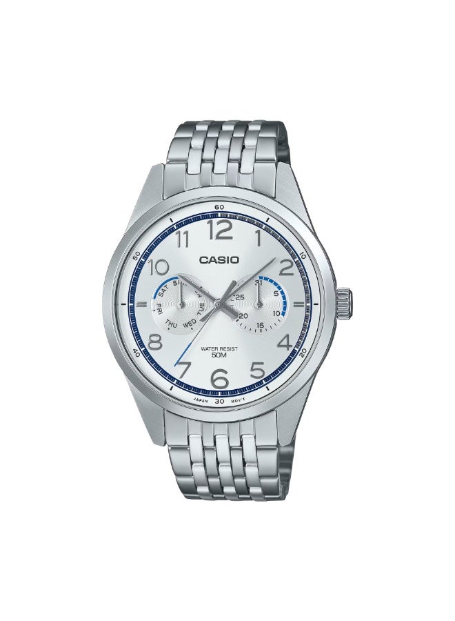 Casio MTP-E340D-7AVDF Men’s Analog Watch – White Dial, Silver Stainless-Steel Bracelet, Dual Sub-Dial Classic Design - Image 1