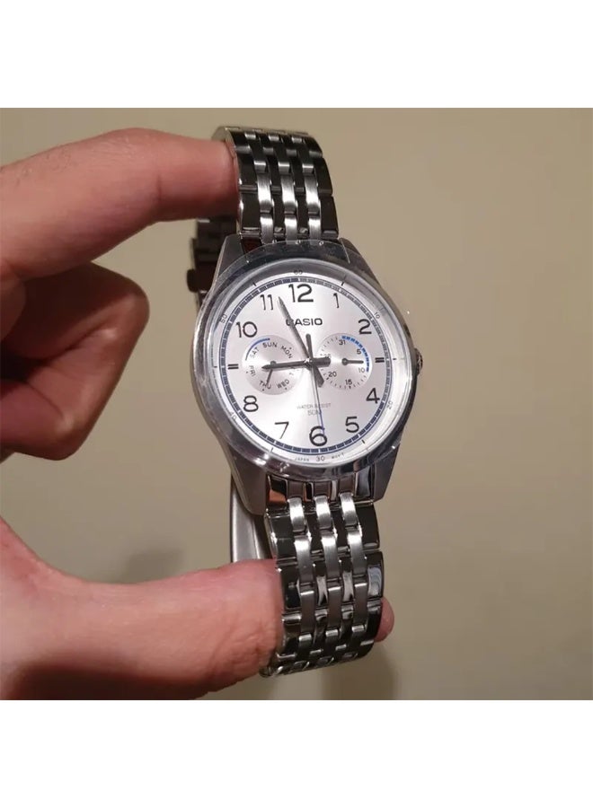 Casio MTP-E340D-7AVDF Men’s Analog Watch – White Dial, Silver Stainless-Steel Bracelet, Dual Sub-Dial Classic Design - Image 5