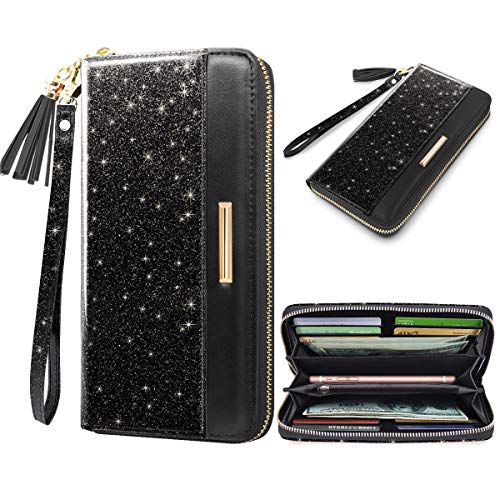 Coco Rossi Women Wallets Multi Card Case Wallet Clutch Wallet Card Holder Organizer Ladies Purse Glitter Tassel Wrist strap Purse,Black Glitter - Image 5