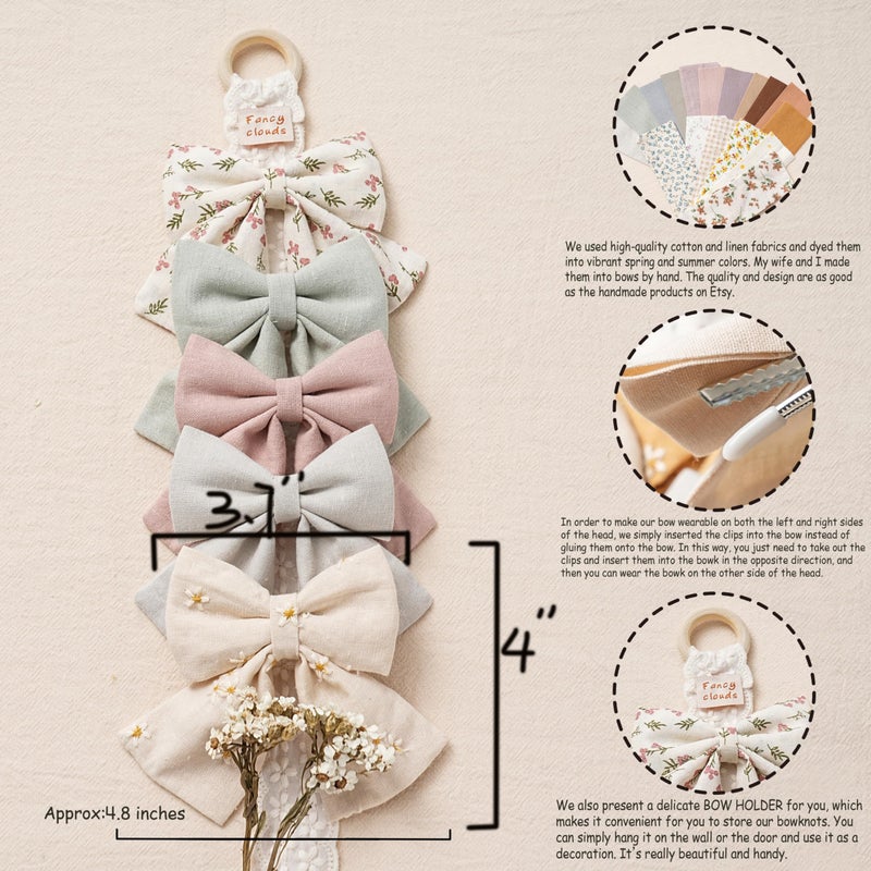 Fancy Clouds Hair Bows with Hair Clips for Girls Toddler Baby,Handmade 5" Flower Print Embroider Big Bows,FANCY CLOUDS Boutique Hair Accessorioes Gifts for School Kids - Image 2