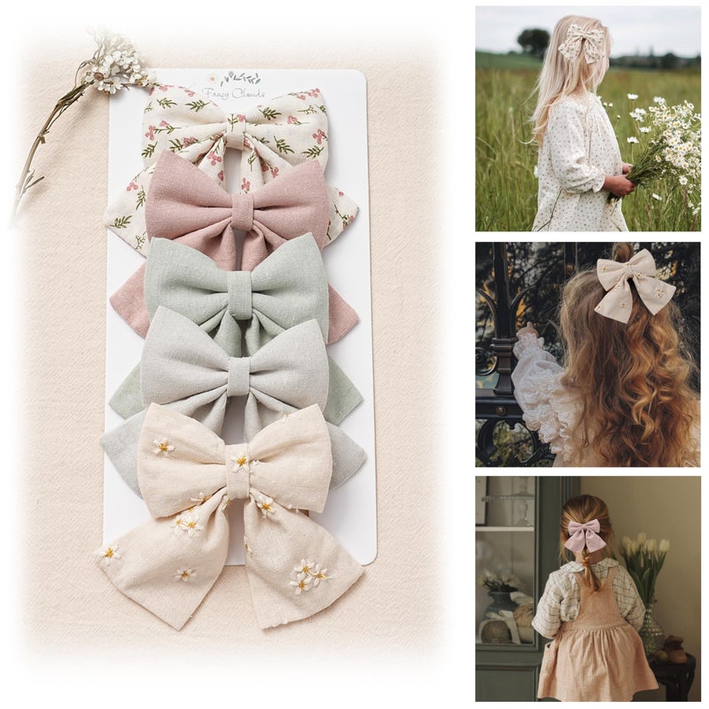 Fancy Clouds Hair Bows with Hair Clips for Girls Toddler Baby,Handmade 5" Flower Print Embroider Big Bows,FANCY CLOUDS Boutique Hair Accessorioes Gifts for School Kids - Image 1