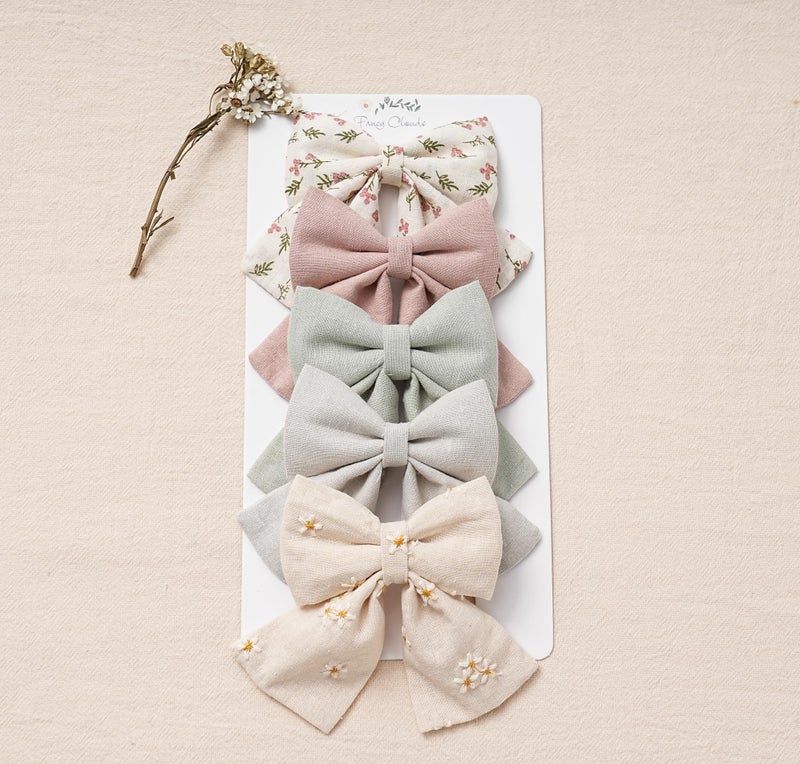 Fancy Clouds Hair Bows with Hair Clips for Girls Toddler Baby,Handmade 5" Flower Print Embroider Big Bows,FANCY CLOUDS Boutique Hair Accessorioes Gifts for School Kids - Image 5