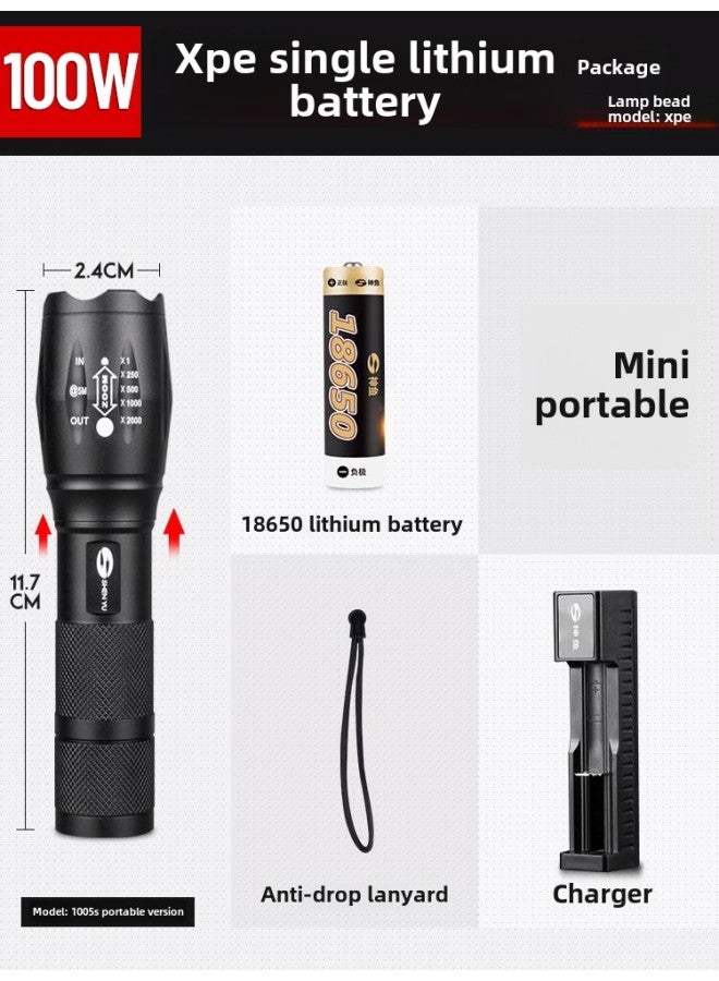Flashlight Strong Light Rechargeable Outdoor Ultra-bright Long-range Small Mini Portable Household Durable Xenon Led Light-Product Specifications:100w 18650 Lithium Battery, One Charge And One Charge - Image 1