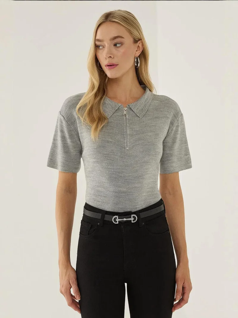 HICCUP Polo Collar Zippered Sweater