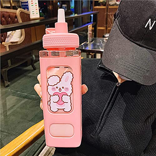 PEXIZUAN Kawaii Bear Water Bottle With Straw Sport Plastic Portable Square Drinking Bottle For Girl Cute Juice Tea Water Cups 700mlPink700ml