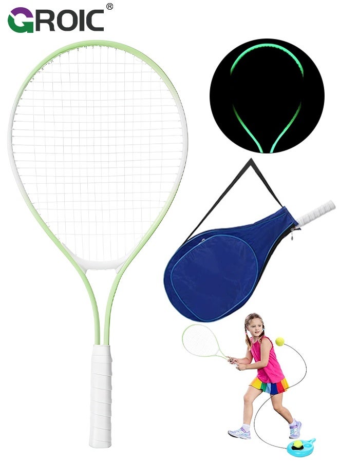 GROIC Kids Tennis Racket, 25-Inch Kids Luminous Tennis Racket Set, Light Green Iron Alloy Tennis Trainer Racket with Solo Trainer, Design for Youth and Teens, Ideal for Outdoor Training and Night Play - Image 1