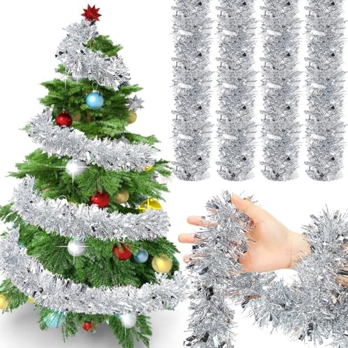 KRIWIN 6 pcs Artificial Tinsel Garlands Length-5.5 ft for Christmas Decor, Home Office Party Decoration (Silver) - Image 1