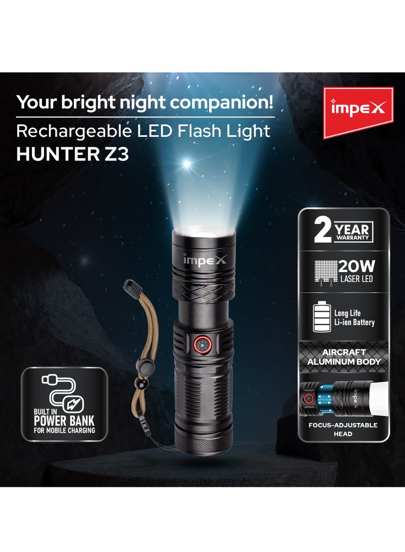 Impex Rechargeable Flashlight | 20W Laser LED | Aircraft Non-Corrosive Aluminum Body | 6600mAh Li-ion Battery | Built-In Power Bank | Type-C | 2 Modes | Adjustable Focus | 1000m Range | 800-1000 Lumens  - Image 2
