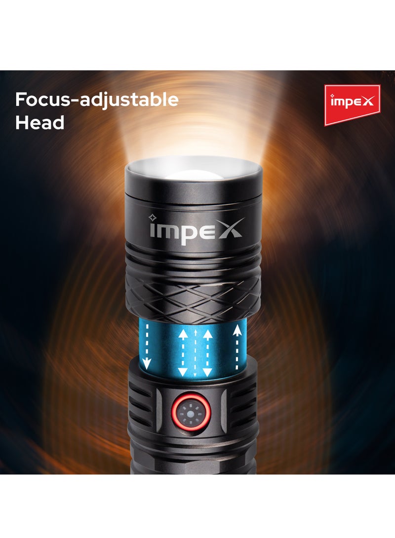 Impex Rechargeable Flashlight | 20W Laser LED | Aircraft Non-Corrosive Aluminum Body | 6600mAh Li-ion Battery | Built-In Power Bank | Type-C | 2 Modes | Adjustable Focus | 1000m Range | 800-1000 Lumens  - Image 4