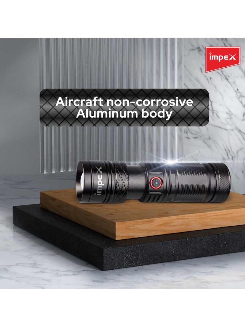 Impex Rechargeable Flashlight | 20W Laser LED | Aircraft Non-Corrosive Aluminum Body | 6600mAh Li-ion Battery | Built-In Power Bank | Type-C | 2 Modes | Adjustable Focus | 1000m Range | 800-1000 Lumens  - Image 5