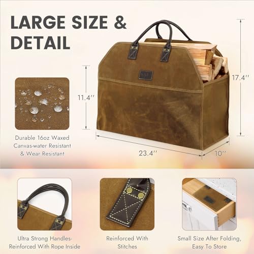 INNO STAGE Heavy Duty Wax Canvas Log Carrier Tote,Large Fire Wood Bag,Durable Firewood Holder,Canvas Shopping Bags, Fireplace Wood Stove Accessories Storage Bag for Fire Pit for Camping, BBQ Barbecue - Image 5