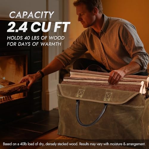 INNO STAGE Heavy Duty Wax Canvas Log Carrier Tote,Large Fire Wood Bag,Durable Firewood Holder,Canvas Shopping Bags, Fireplace Wood Stove Accessories Storage Bag for Fire Pit for Camping, BBQ Barbecue - Image 3