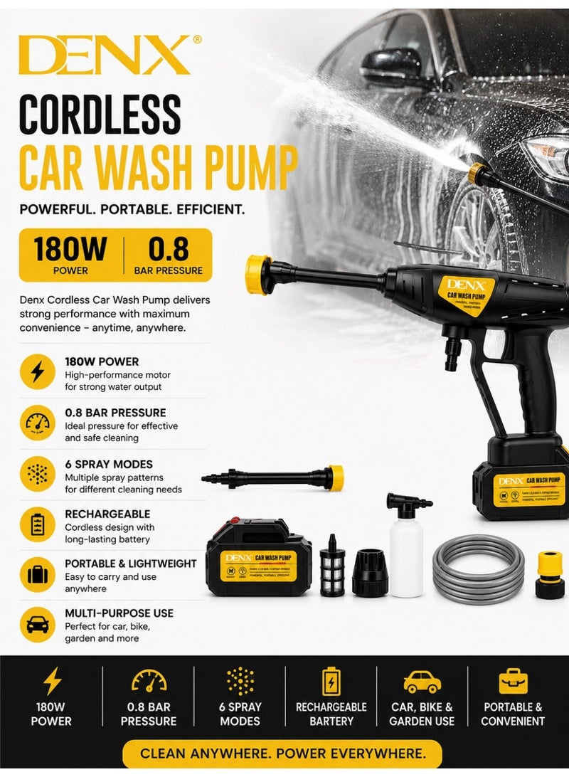 Denx Cordless Car Wash Pump -180W Portable Pressure Washer, 0.8 Bar Pressure, 6 Spray Modes, Rechargeable Car Washer for Car, Bike and Garden Cleaning - Image 1