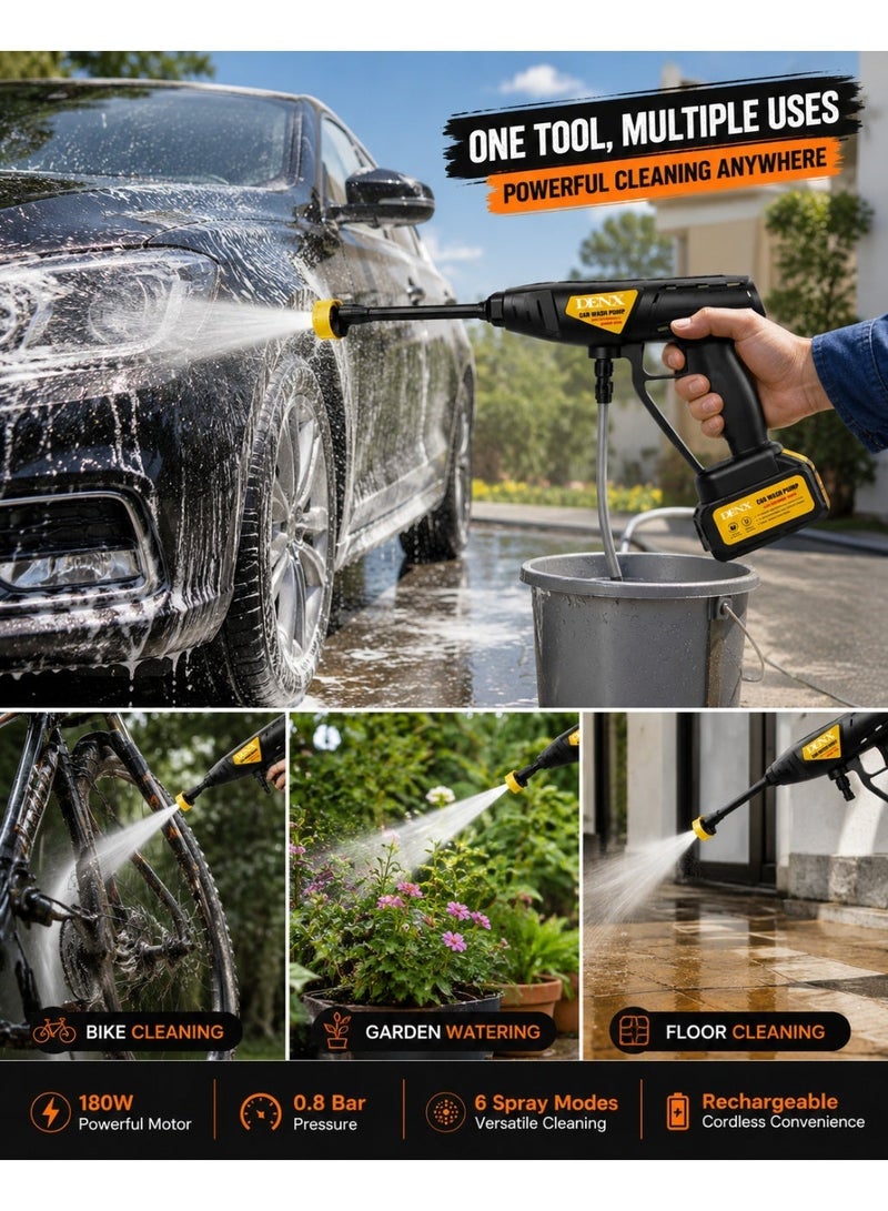 Denx Cordless Car Wash Pump -180W Portable Pressure Washer, 0.8 Bar Pressure, 6 Spray Modes, Rechargeable Car Washer for Car, Bike and Garden Cleaning - Image 3