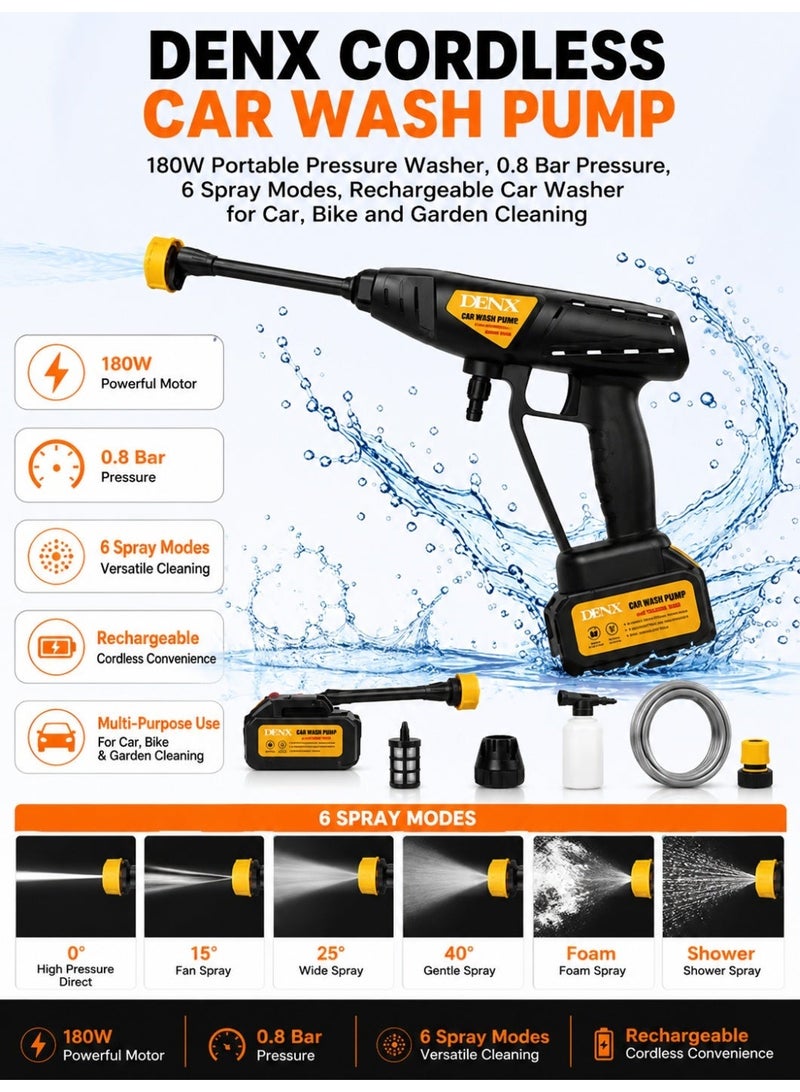 Denx Cordless Car Wash Pump -180W Portable Pressure Washer, 0.8 Bar Pressure, 6 Spray Modes, Rechargeable Car Washer for Car, Bike and Garden Cleaning - Image 2