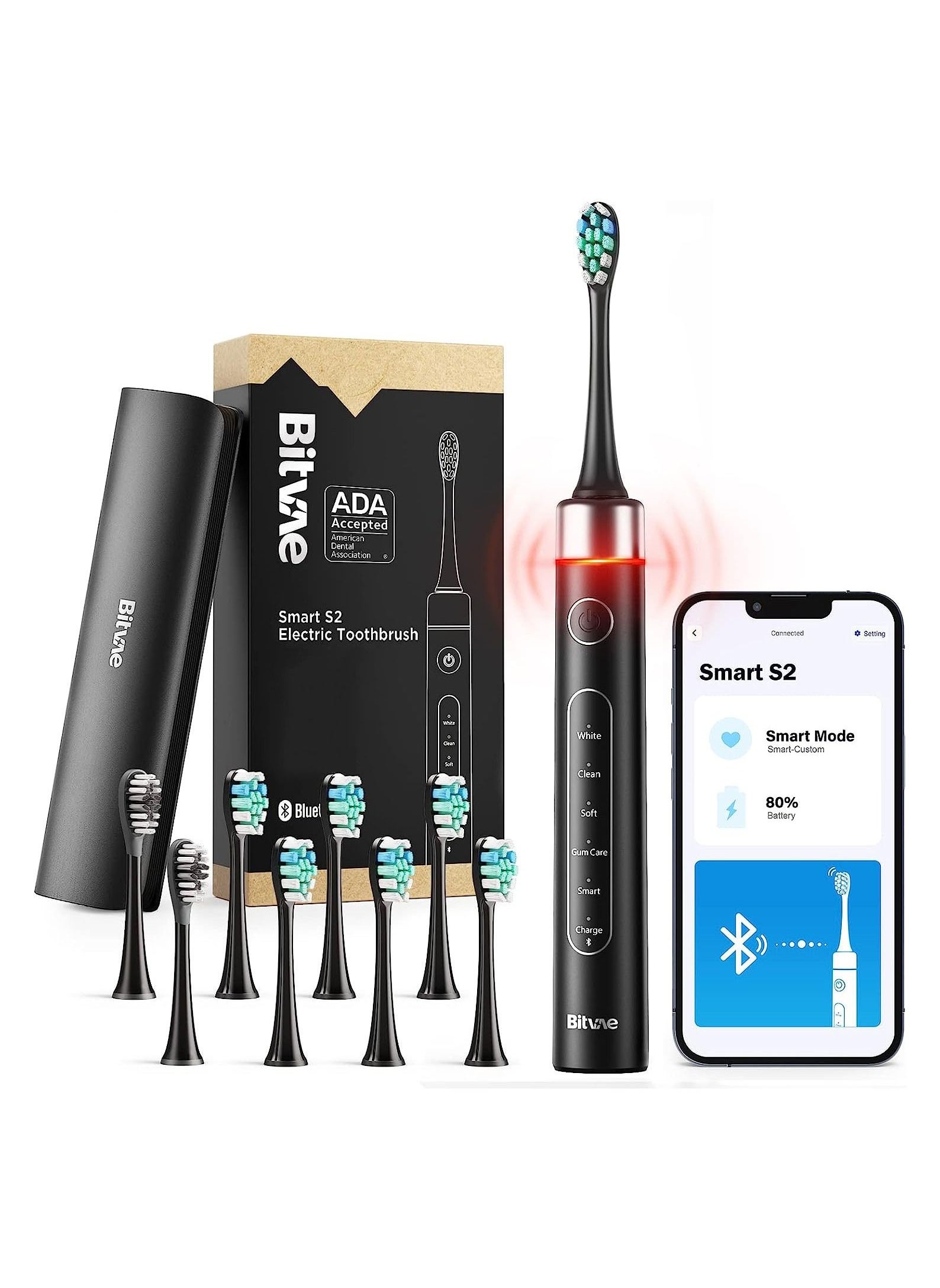 Bluetooth Electric Toothbrush with Pressure Sensor, ADA Accepted, Ultrasonic Toothbrush with 8 Brush Heads, 5 Modes, 4 Hr Charge Last 100 Days, Power Rechargeable Toothbrush, Soft Bristle 