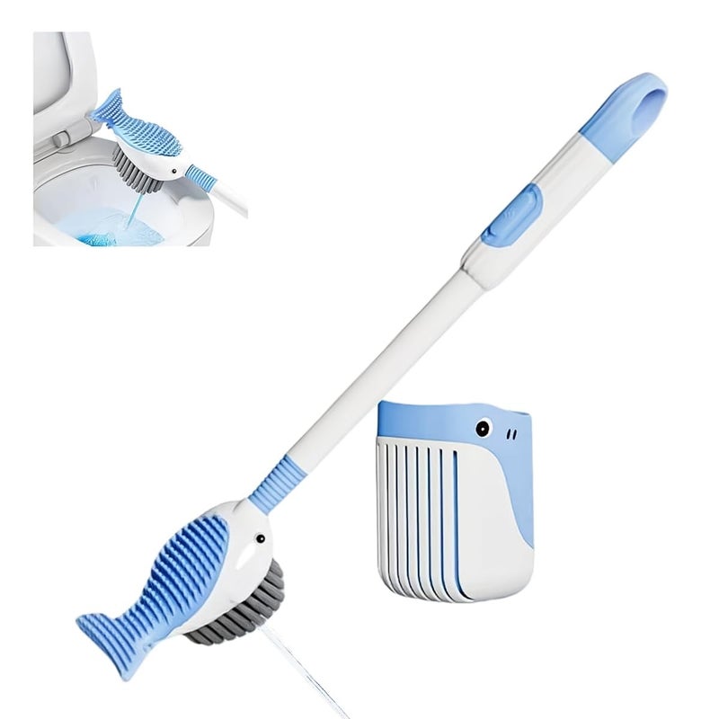 HASTHIP® 2 in 1 Double Sides Toilet Brush Toilet Brush, 16 Inch Flexible Silicone with Built-in Soap Dispenser, Suction Cup Drip Holder, Durable TPR Bristles for Bathrooms, Efficient Cleaning, Blue - Image 1