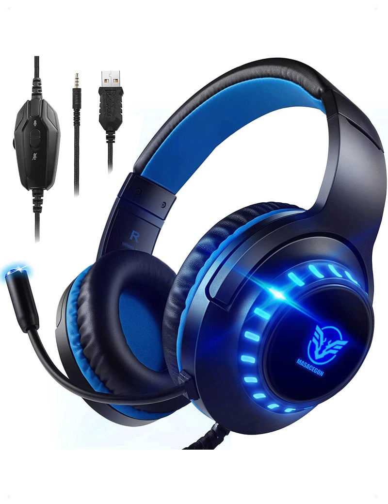 Pacrate Gaming Headset for PS5/PS4/Xbox One/Nintendo Switch/PC/Mac, PS5 Headset with Microphone Xbox Headset with LED Lights, Noise Cancelling PS4 Headset for Kids Adults - Blue - Image 1