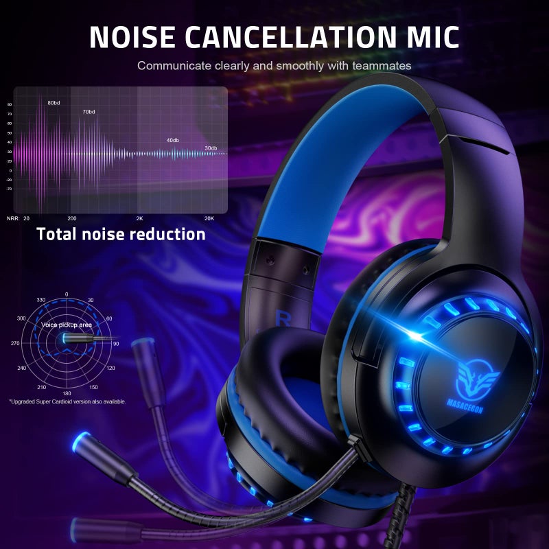 Pacrate Gaming Headset for PS5/PS4/Xbox One/Nintendo Switch/PC/Mac, PS5 Headset with Microphone Xbox Headset with LED Lights, Noise Cancelling PS4 Headset for Kids Adults - Blue - Image 2