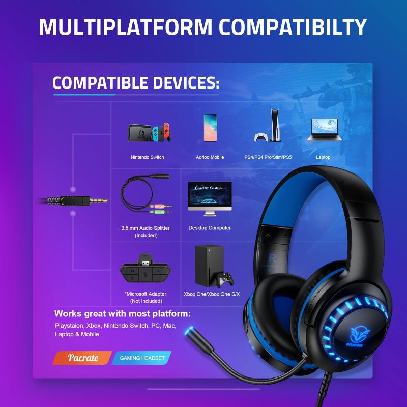 Pacrate Gaming Headset for PS5/PS4/Xbox One/Nintendo Switch/PC/Mac, PS5 Headset with Microphone Xbox Headset with LED Lights, Noise Cancelling PS4 Headset for Kids Adults - Blue - Image 4