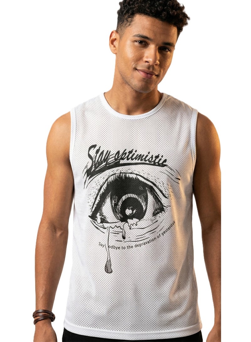 Pavone Men’s Tank Top – Stay Optimistic Graphic Eye Print Sleeveless Breathable Summer Shirt - Image 1