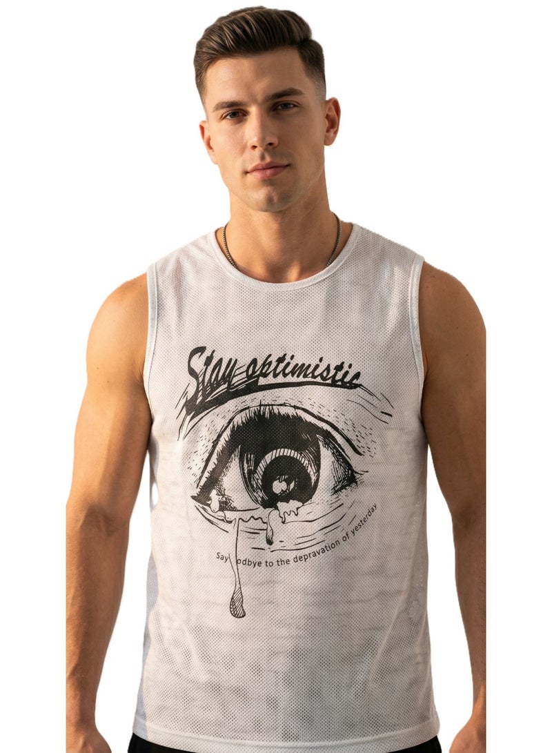 Pavone Men’s Tank Top – Stay Optimistic Graphic Eye Print Sleeveless Breathable Summer Shirt - Image 2