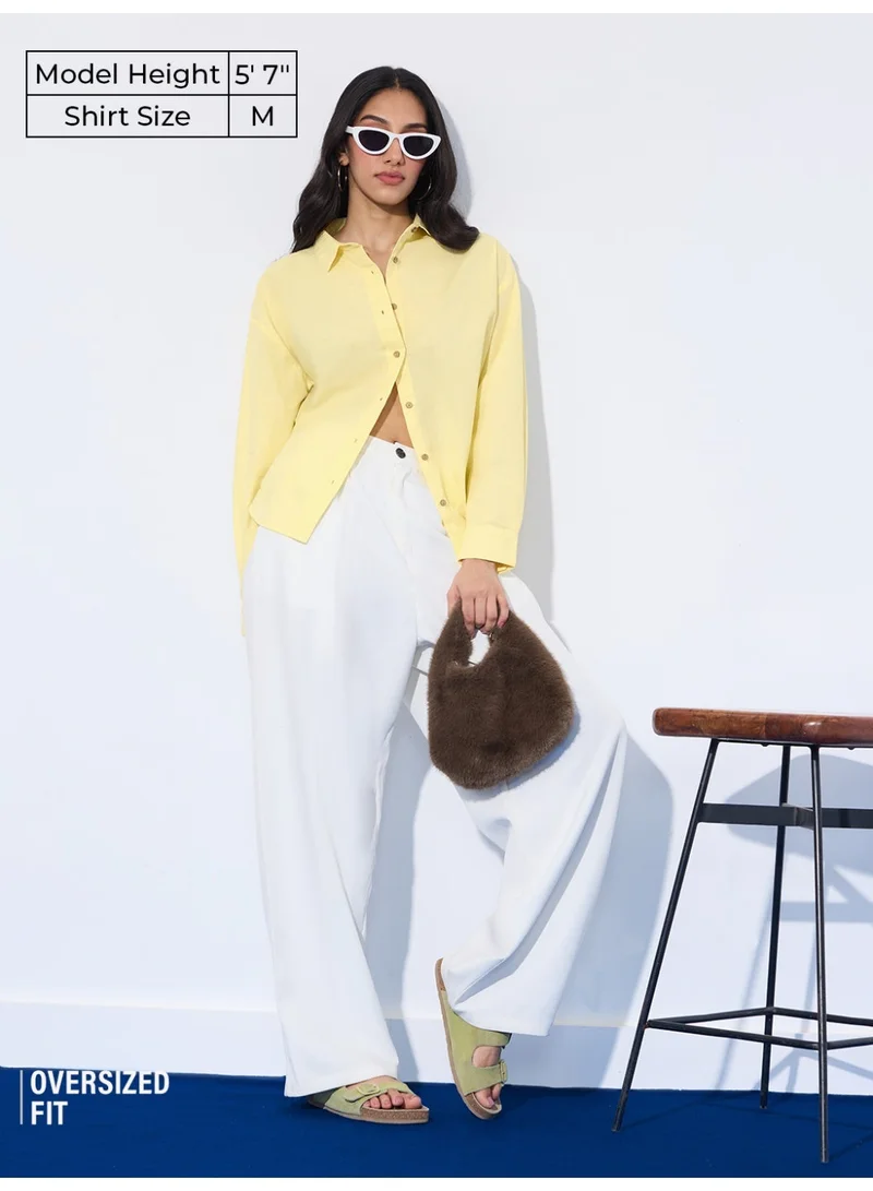 The Souled Store  The Souled Store Classic Line: Women and Girls Full Sleeves Collared Neck Solid Cotton Linen Blend Oversized Fit Lightweight Comfortable Shirt for Casual Everyday Wear  | Best Price UAE