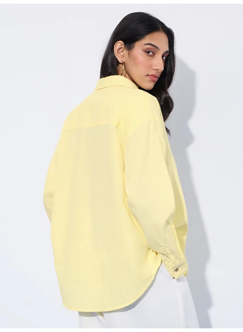The Souled Store  The Souled Store Classic Line: Women and Girls Full Sleeves Collared Neck Solid Cotton Linen Blend Oversized Fit Lightweight Comfortable Shirt for Casual Everyday Wear  | Best Price UAE
