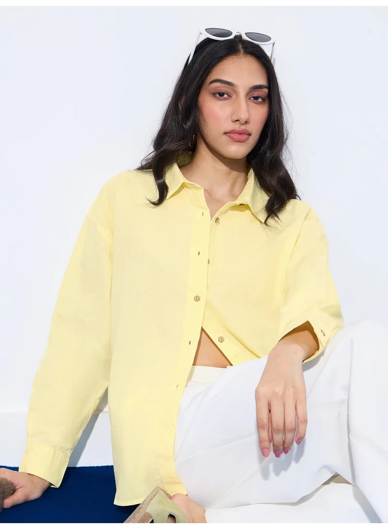 The Souled Store  The Souled Store Classic Line: Women and Girls Full Sleeves Collared Neck Solid Cotton Linen Blend Oversized Fit Lightweight Comfortable Shirt for Casual Everyday Wear  | Best Price UAE