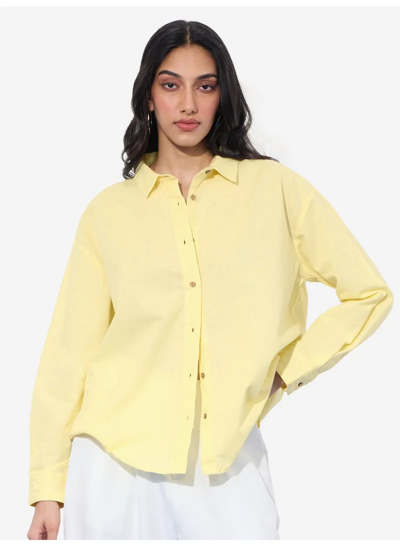 The Souled Store Classic Line: Women and Girls Full Sleeves Collared Neck Solid Cotton Linen Blend Oversized Fit Lightweight Comfortable Shirt for Casual Everyday Wear