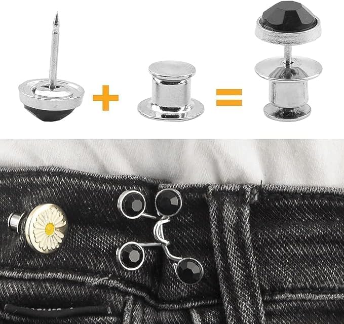 KUZUKI KUZUKI Waist Buckle for Loose Jeans Pants Jeans Adjustable Button pins Pearl Detachable Instant Button Tightener Set Waist Buckl Loose Jeans Pants Detachable Buttons Pack of 2 Black Diamond - Image 2