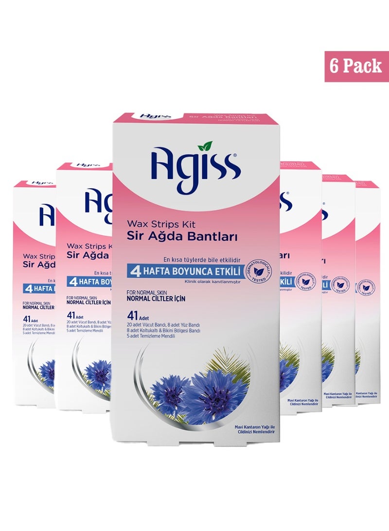 Agiss Wax Strips Kit for Normal Skin – 41 Pcs Cold Wax Strips Set with Face, Body & Bikini Strips + Cleaning Wipes – Long-Lasting Hair Removal up to 4 Weeks – Hypoallergenic & Dermatologically Tested Pack of 6 - Image 1