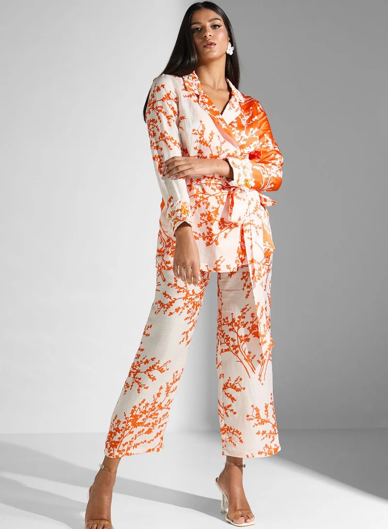 Threadz by Ajooni Floral Print Surplice Tie Detail Pant Set