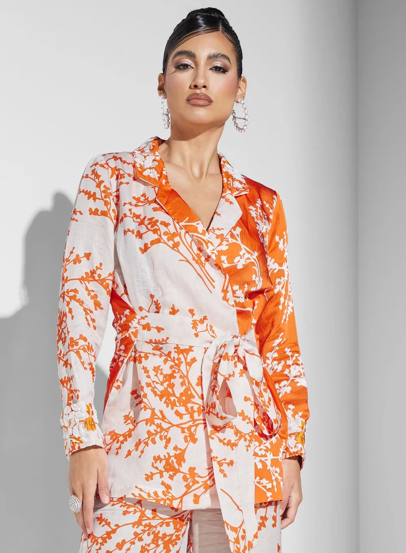 Threadz by Ajooni Floral Print Surplice Tie Detail Pant Set