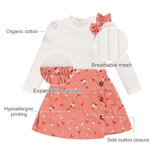 TITKKOP Toddler Girl Plaid Outfits Fall Winter Dress Knit Ribbed Bow Sweatshirt Tops and Button Fashion Skirts Set（pink+flower,2T - Image 5