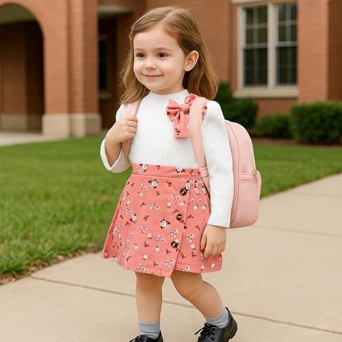 TITKKOP Toddler Girl Plaid Outfits Fall Winter Dress Knit Ribbed Bow Sweatshirt Tops and Button Fashion Skirts Set（pink+flower,2T - Image 3