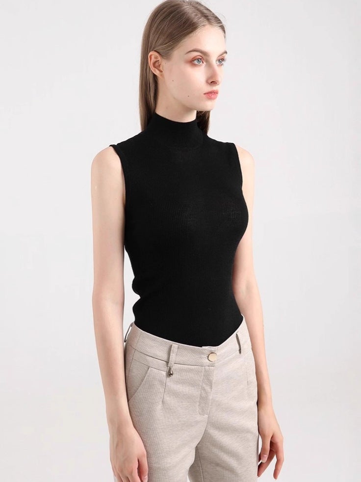 Black Sleeveless Vest Bottoming Shirt For Women Thin Stand-Up Collar Cut Sleeves Half Turtleneck Knitted Top Tight Short Spring - Image 5
