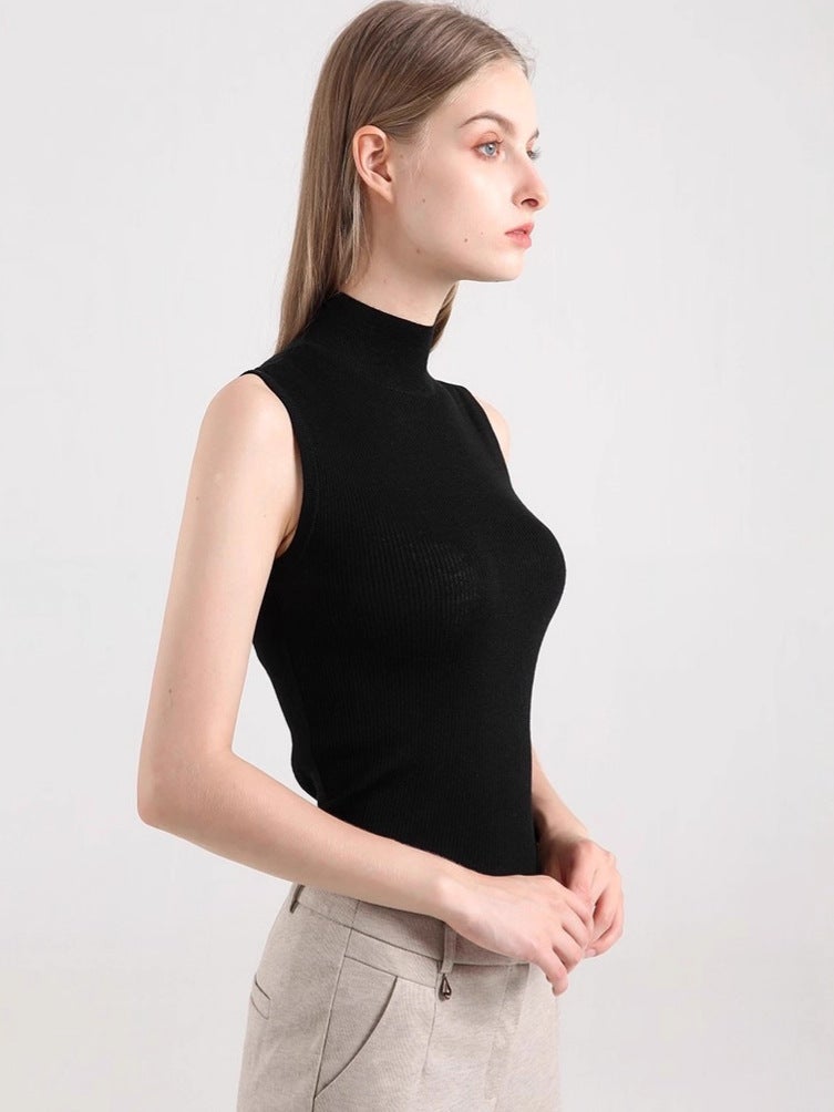 Black Sleeveless Vest Bottoming Shirt For Women Thin Stand-Up Collar Cut Sleeves Half Turtleneck Knitted Top Tight Short Spring - Image 2