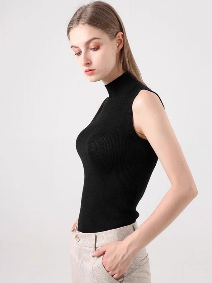 Black Sleeveless Vest Bottoming Shirt For Women Thin Stand-Up Collar Cut Sleeves Half Turtleneck Knitted Top Tight Short Spring - Image 3