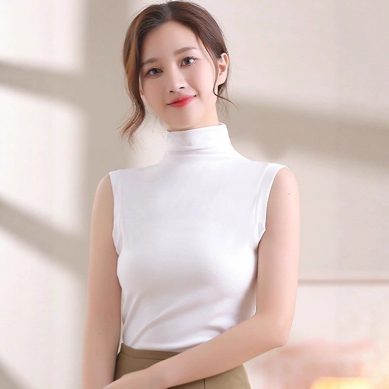 Black Sleeveless Vest Bottoming Shirt For Women Thin Stand-Up Collar Cut Sleeves Half Turtleneck Knitted Top Tight Short Spring - Image 1