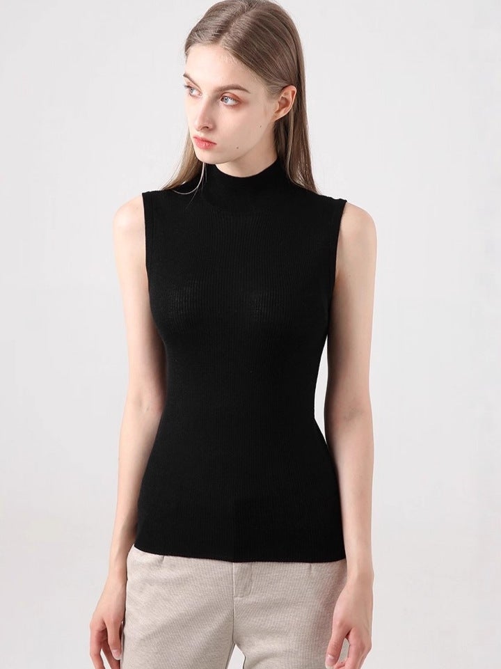 Black Sleeveless Vest Bottoming Shirt For Women Thin Stand-Up Collar Cut Sleeves Half Turtleneck Knitted Top Tight Short Spring - Image 4