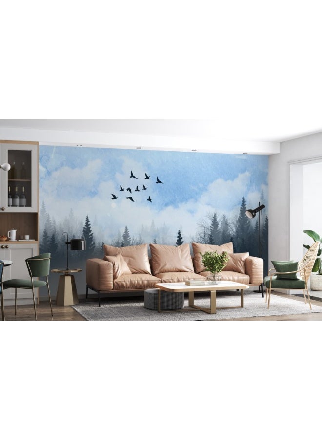Home Gallery Watercolour Tree Landscape Fabric Wallpaper Covers An Area ​​Up To 4.2Mx3M With Adhesive  And Smoothing Tool - Image 5