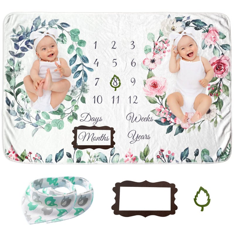 Vlokup Twins Baby Milestone Blanket for Boys  Girls Premium Flannel Photography Background Prop Blankets Neutral Boho Floral