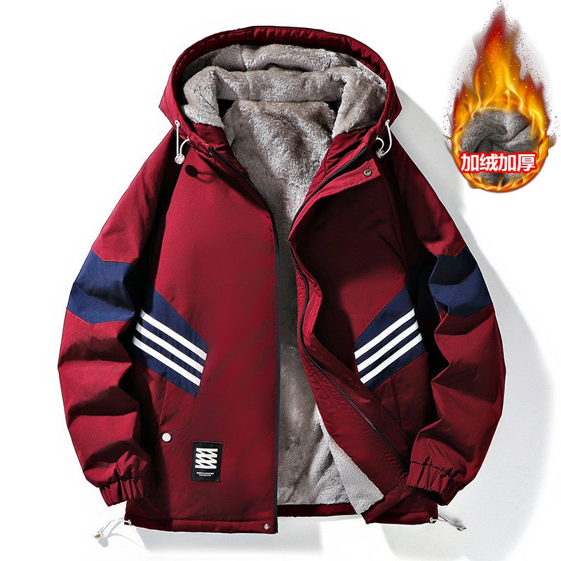 Fleece-Lined Thickened Fashionable Tooling Outdoor Waterproof Windproof Loose Hooded Men'S And Women'S Color-Block Jacket Coat - Image 1
