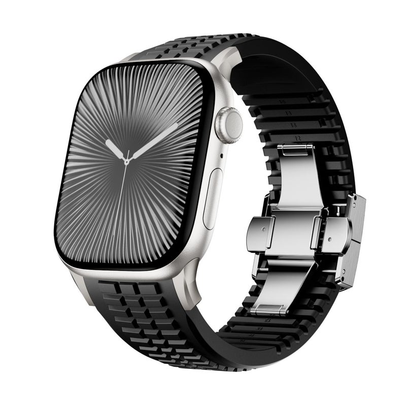 For Apple Watch 46mm / 49mm / 45mm / 44mm Knurled Texture Folding Buckle Silicone Watch Band(Titanium Black)