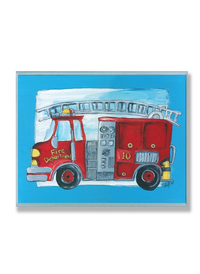 Stupell Industries - The Kids Room By Stupell Fire Truck With Blue Border Rectangle Wall Plaque - Image 1