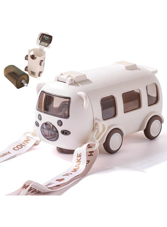 فنبلاست زجاجة مياه على شكل حافلة من فن بلاست مع عجلات متحركة، زجاجة مياه مانعة للتسرب للأطفال سعة 480 مل، زجاجة مياه مع حزام وشفاط للأطفال، زجاجة مياه مانعة للتسرب للأطفال (أبيض) - Image 1