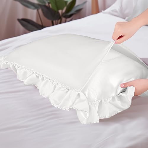LINENLINE Ruffle Satin Pillowcase for Hair & Skin, Body Pillow Cover, White, 20x54 Inches, Envelope Closure, Similar to Silk Pillow Cases, Gifts for Girl - Image 5