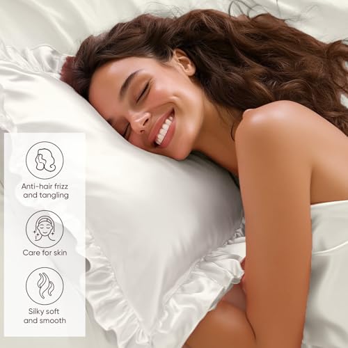 LINENLINE Ruffle Satin Pillowcase for Hair & Skin, Body Pillow Cover, White, 20x54 Inches, Envelope Closure, Similar to Silk Pillow Cases, Gifts for Girl - Image 2